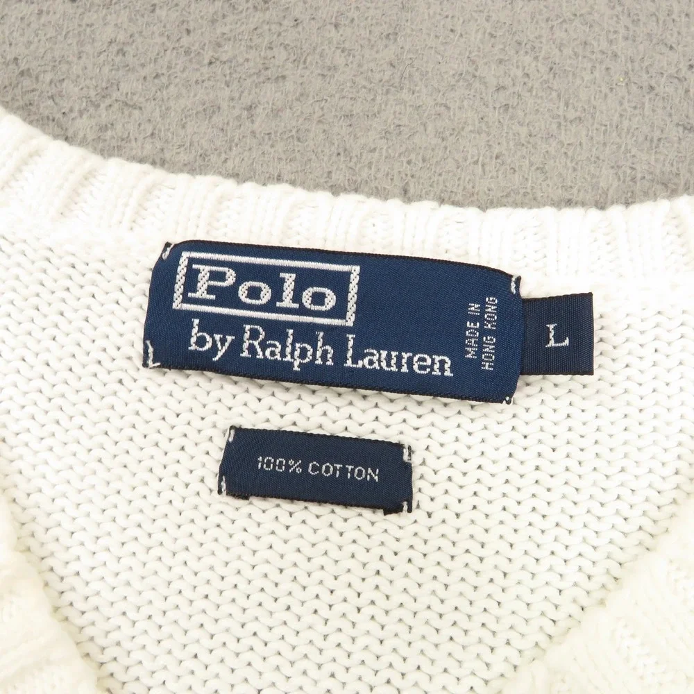 VTG Polo Ralph Lauren Mens Large Sweater Vest Chunky Knit 90s Cream Navy Pony